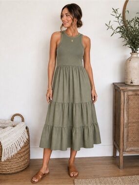 Maurices Olive Green Tiered Midi Dress Ribbed Tank Sleeveless Casual Boho Small